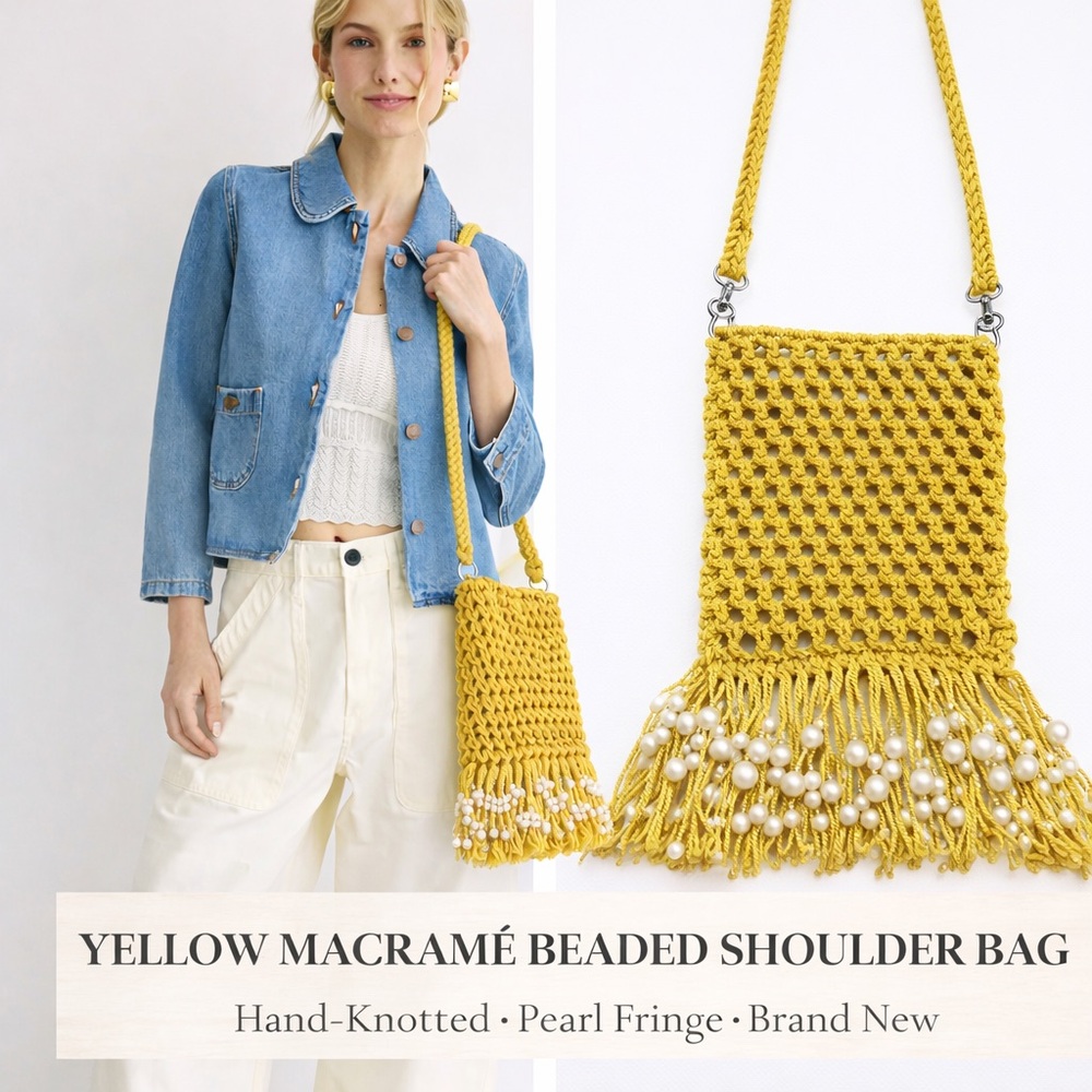 Yellow Macrame Beaded Hand Bag . Hand Knotted Pearl Fringe Purse . New